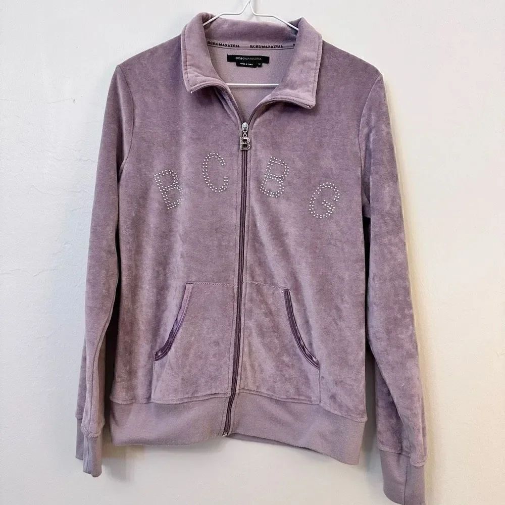 BCBG Maxazria Women's Full Zip Jacket Velour Velvet Rhinestone Lavender Medium